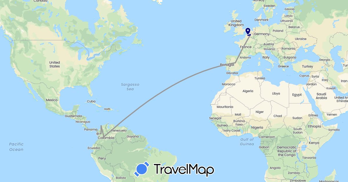 TravelMap itinerary: driving, plane in Belgium, Colombia, Spain, France (Europe, South America)